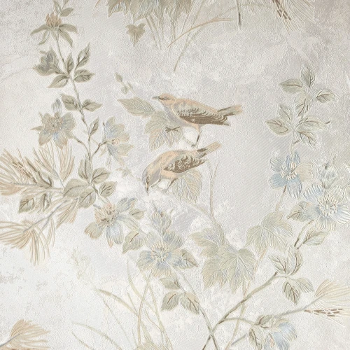Tapeta Winylowa Botaniczna Ptaki Kwiaty Beżowa Szałwiowa Vintage HER301